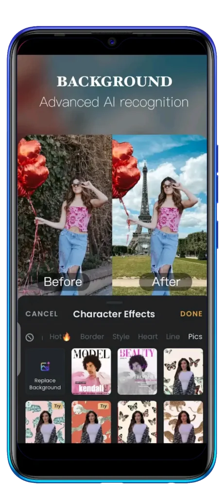 VivaVideo Pro MOD APK collages, templates and baclground removal tools